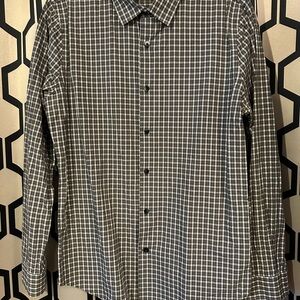Express Men's Grey and White Plaid Button-Down Shirt